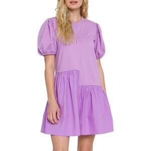 English Factory Knit Woven Mixed Dress Lilac Purple Puff Sleeve Mini Size Small